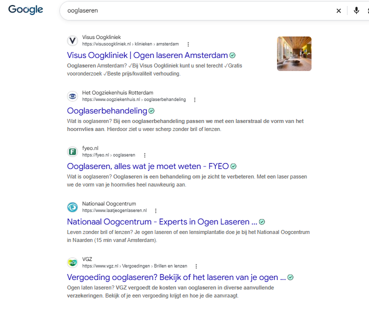 Google-zoekresultaten op "ooglaseren" met Visus Oogkliniek bovenaan